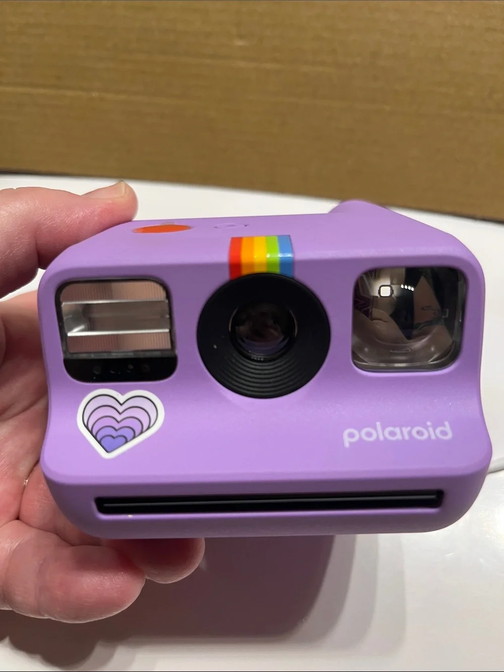 New Polaroid Lavender Purple Instant Camera with Rainbow Accent and Yellow Case